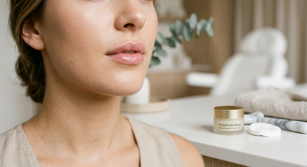 Woman with freshly treated lips showing early lip filler aftercare stage in a clinical setting