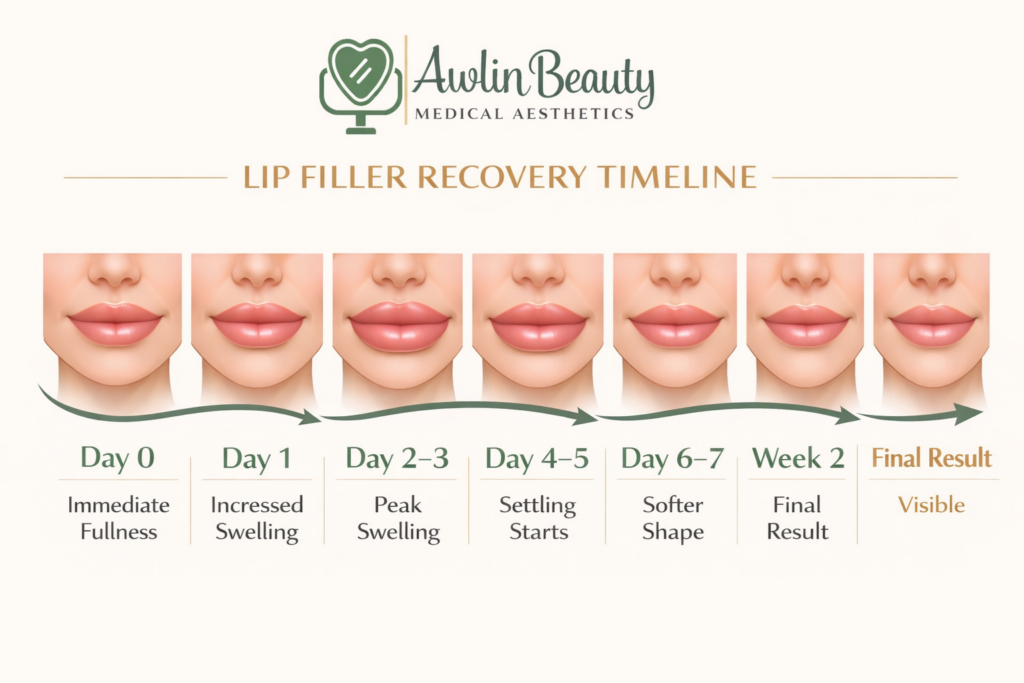 Lip filler healing timeline showing swelling stages day by day