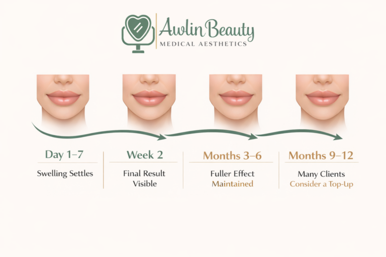 Lip filler longevity timeline showing how results settle and fade over 6 to 12 months