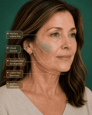 Educational image showing cheek support and lower-face balance linked to lines around the mouth.