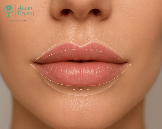 Educational image showing lip shape, border definition and subtle volume support for lip filler treatment