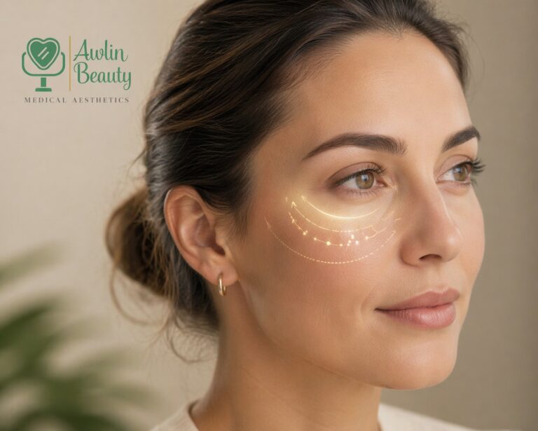 Woman with subtle under-eye mapping used to illustrate Lumi Eyes treatment for dark circles and tired-looking eyes