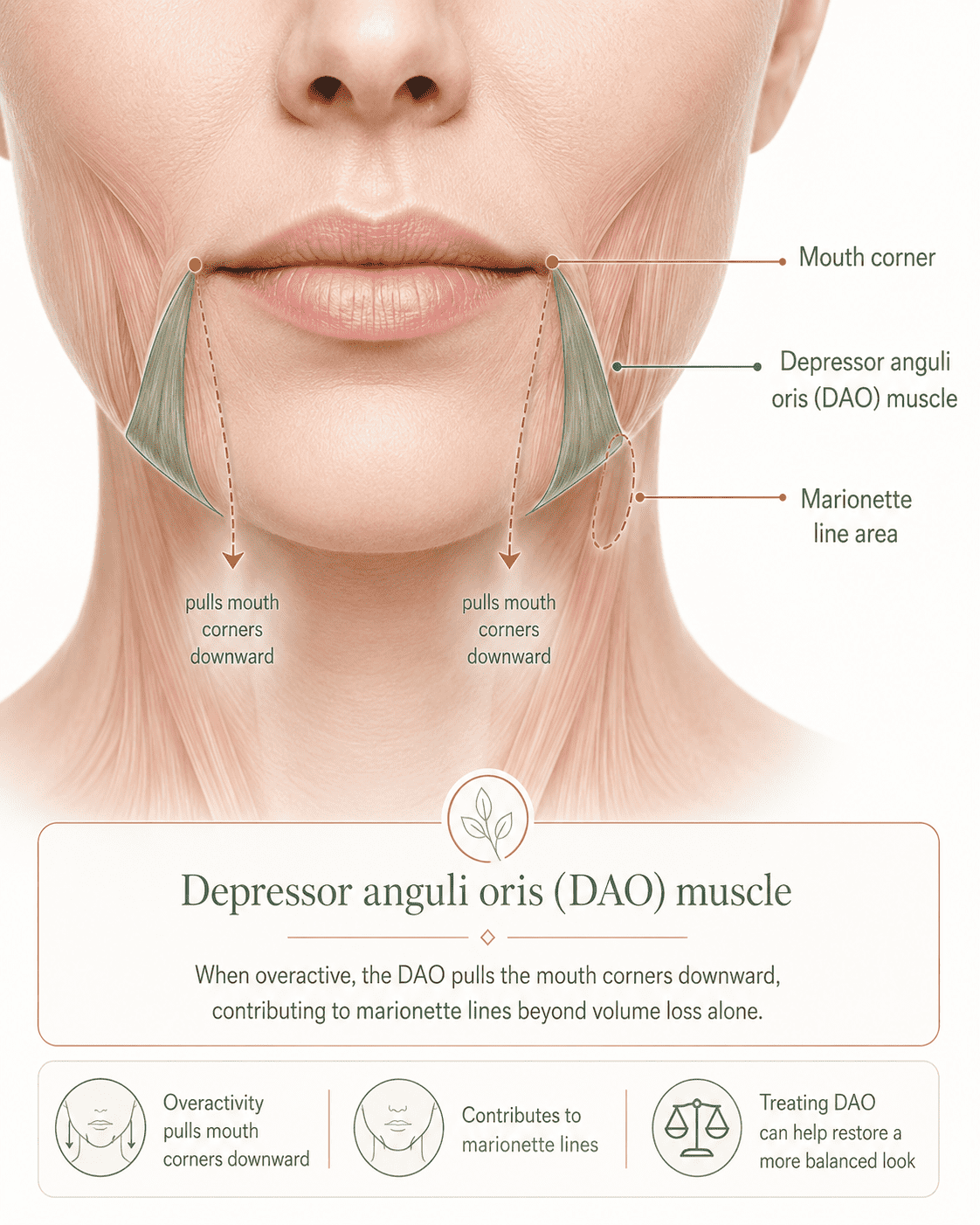 Diagram showing depressor anguli oris DAO muscle location at mouth corners for marionette lines treatment