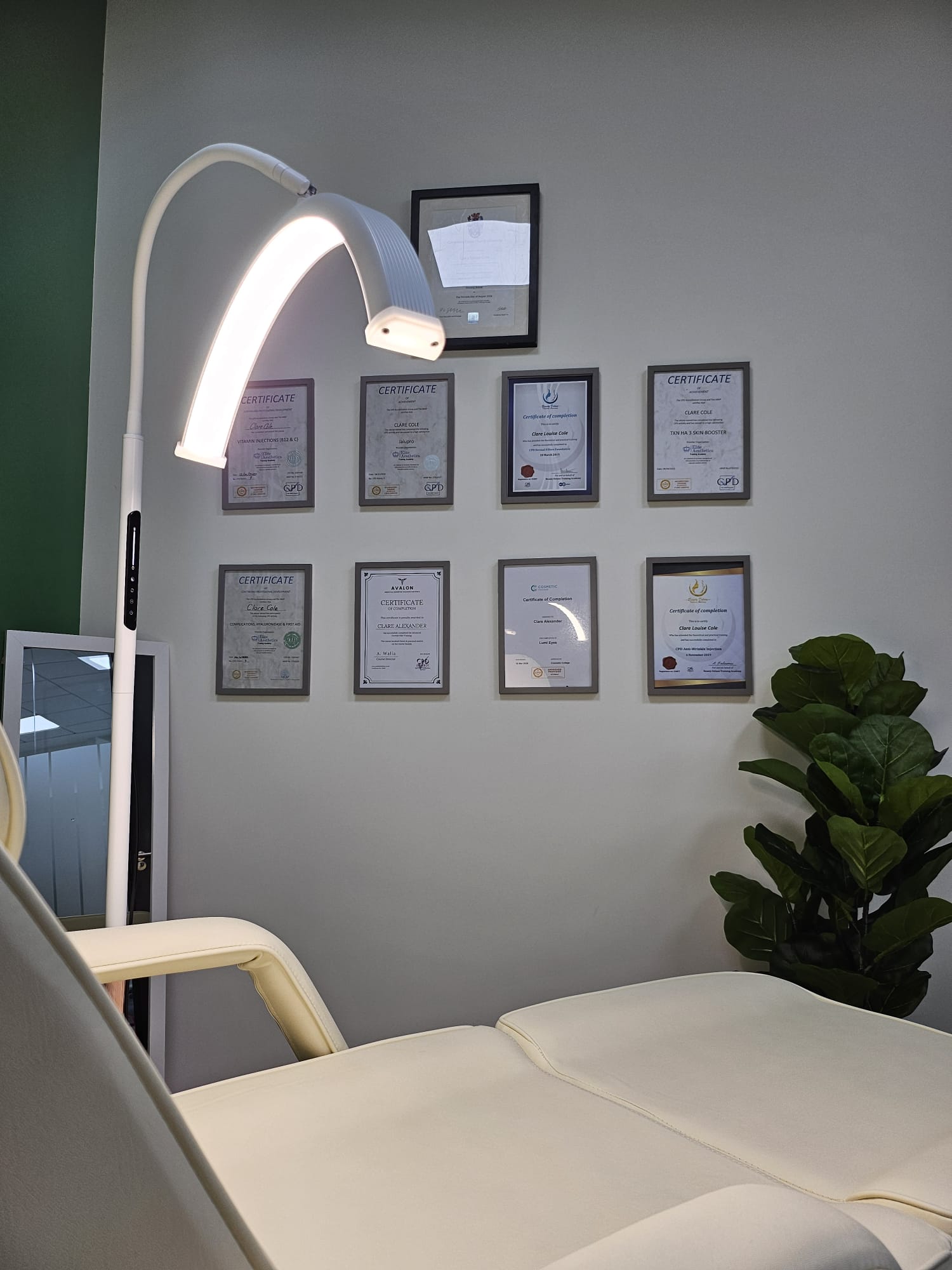 Awlin Beauty Medical Aesthetics treatment room with practitioner certificates Maidstone Kent