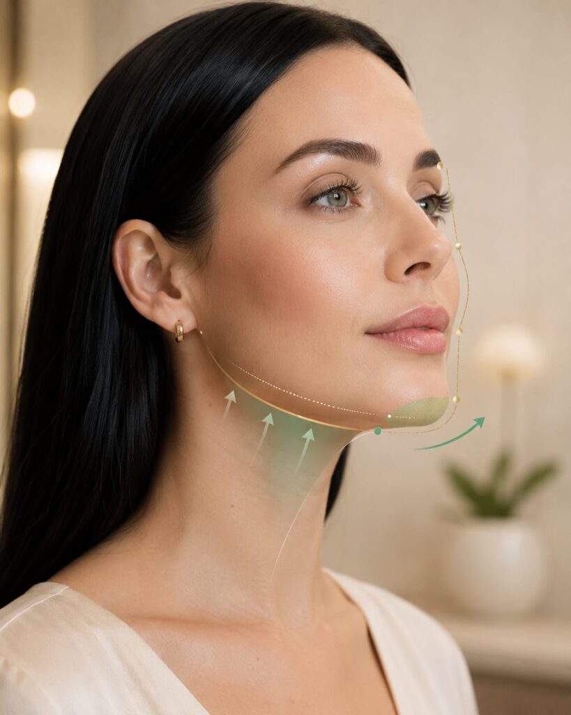 Woman with subtle highlights over the cheeks and mid-face support areas for cheek filler