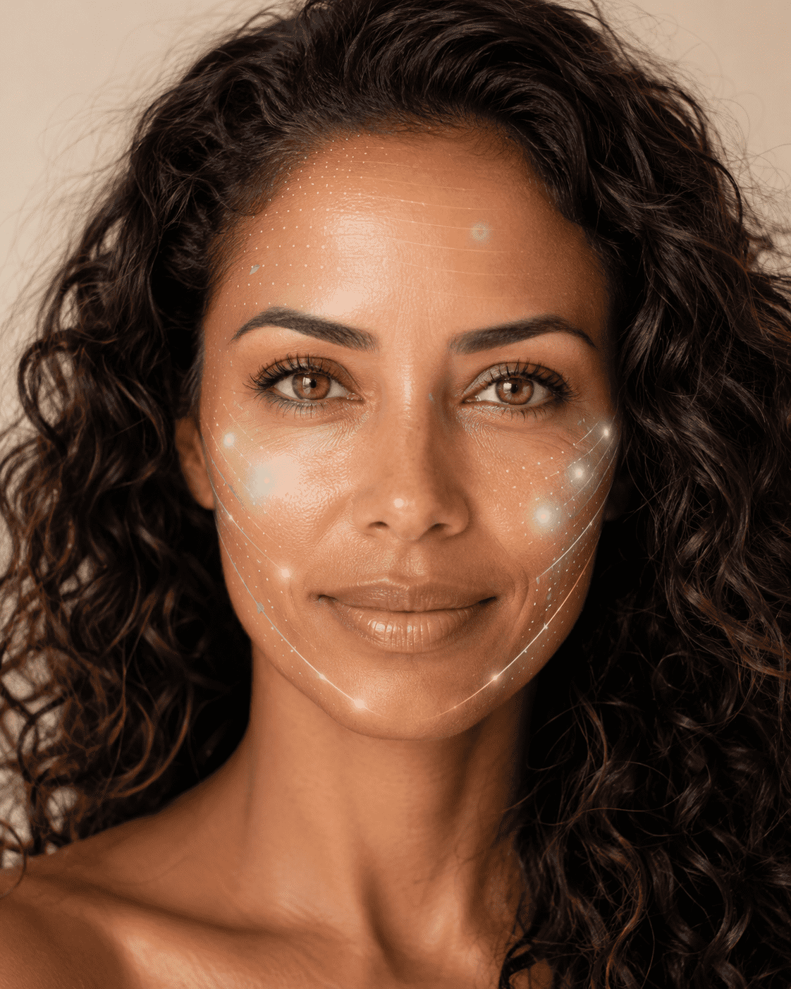 Woman with subtle skin quality highlights around the face and under-eye area