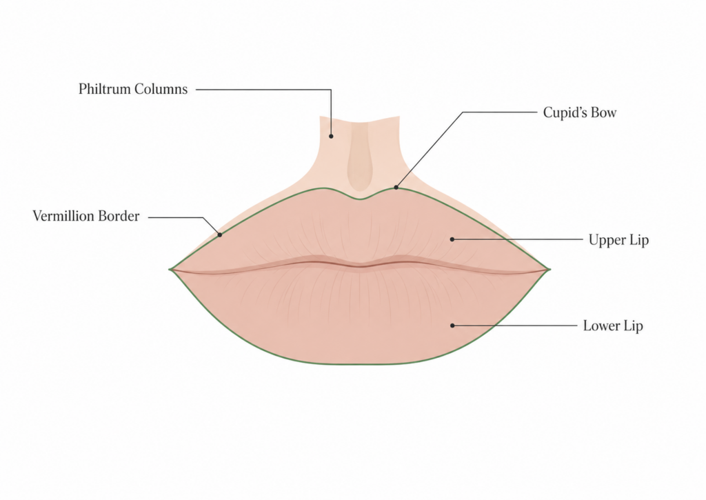 Diagram showing lip anatomy including vermillion border and cupid's bow for perioral lines treatment