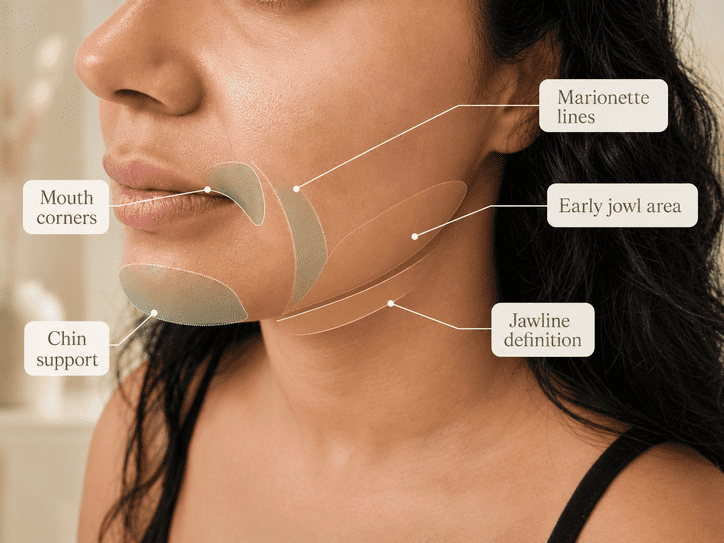 Lower-face ageing diagram showing jowls, marionette lines, chin support and jawline definition