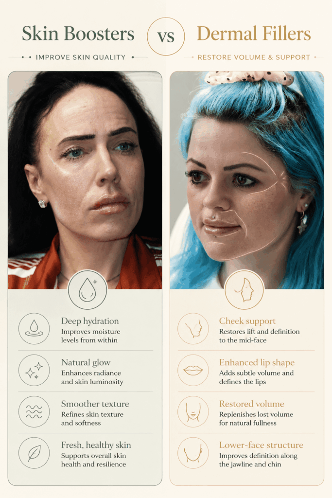 Diagram showing the difference between skin boosters and dermal fillers