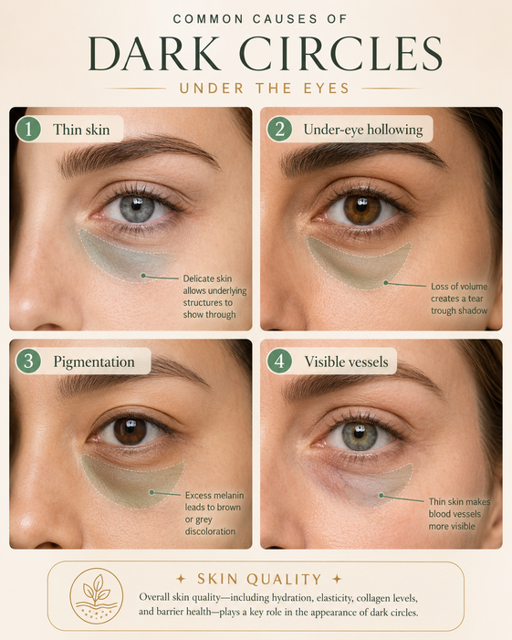 Under-eye dark circles diagram showing hollowing, pigmentation and skin quality