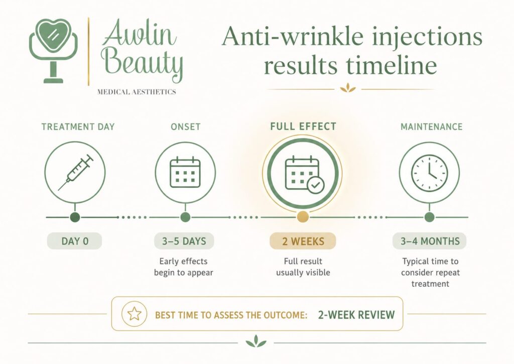 Anti-wrinkle injections results timeline showing onset peak and duration Awlin Beauty