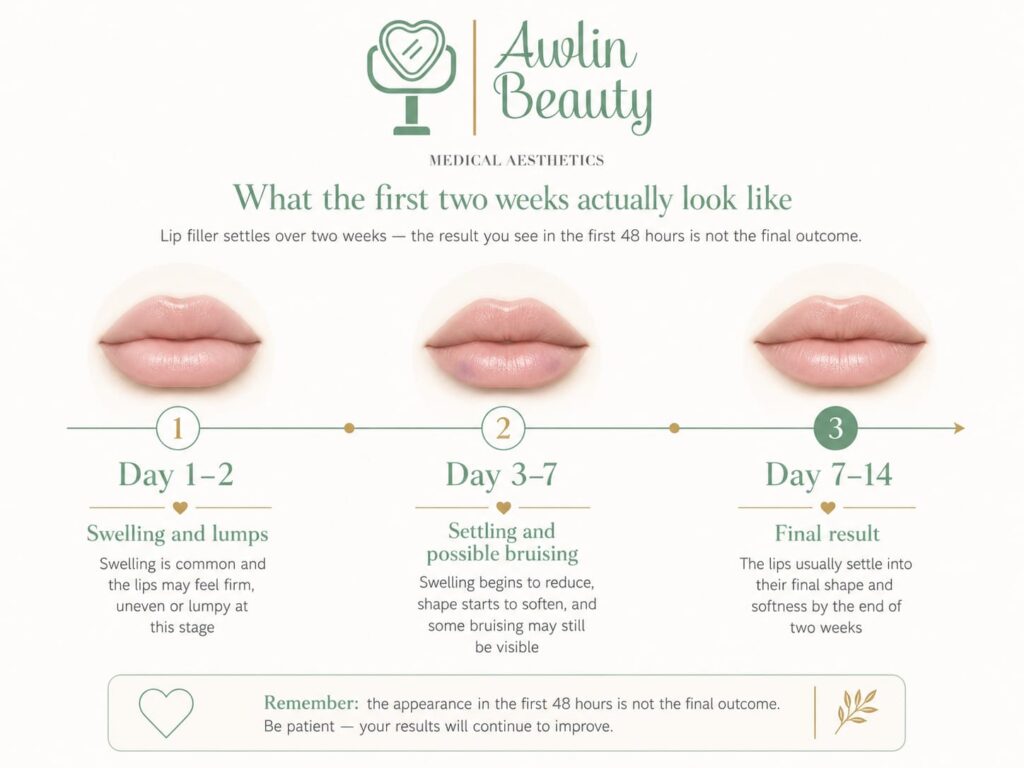 Lip filler swelling and settling timeline from day one to two weeks Awlin Beauty Maidstone